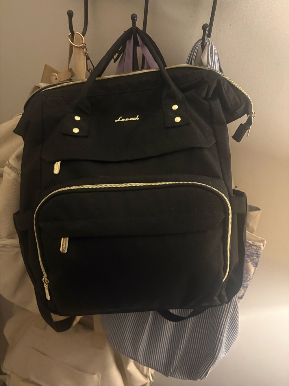 Lovevook Black Canvas Backpack with Gold Zippers